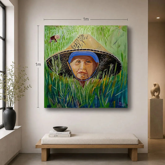Im Reisfeld von Maren Lüke-Amato an der Wand – Original-Acrylgemälde, 100x100 cm, zeitgenössische Porträtkunst, Unikat | Kunst-Direkt.de