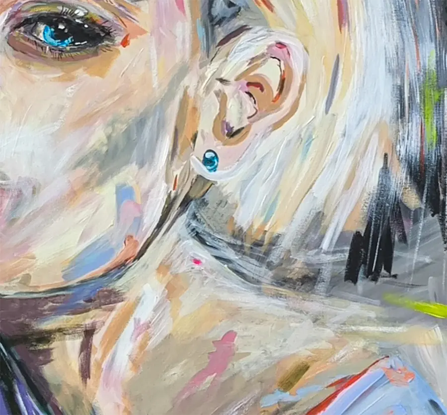 Detailaufnahme Bubble Gum – Kühle Blautöne und warme Gelb-Orangeakzente, plastische Gesichtsmodellierung, Maren Lüke-Amato | Kunst-Direkt.de