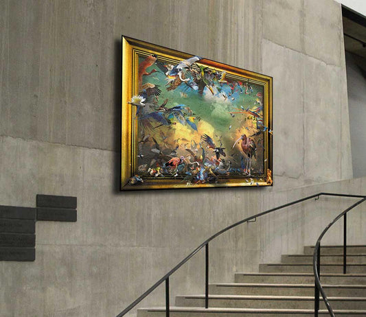 fineart Print, viele Phantasievolle Vögel, sitzend und fliegend, Wolken, Goldener Rahmen, 185 x 125 cm, Gero Paul, Kunst-Direkt.de, an wand hängen