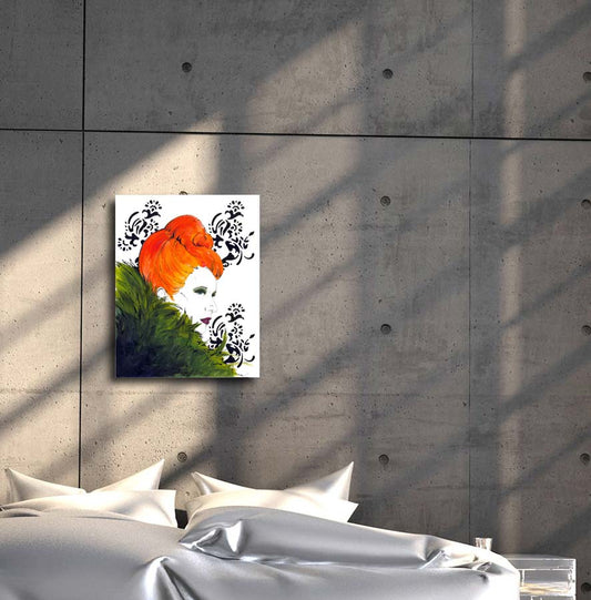 portrait einer Frau mit orangenen Haaren und grünem pelzkragen, 60 x 50 cm, Sherin P. Spielmann, Kunst-Direkt.de, an Wand hängend