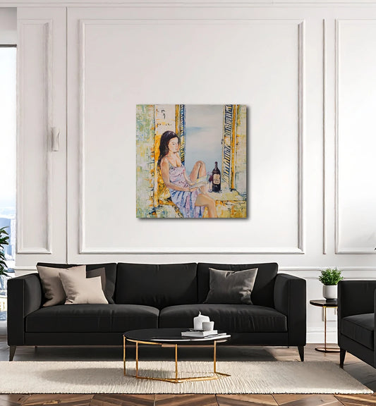eine junge Frau sitzt in einem Fenster und liest ein Buch, an wand hängend, Ölgemälde von Roger Ziereisen, Unikat, Stil Südländisch, Kunst-Direkt.de und Newart.gallery