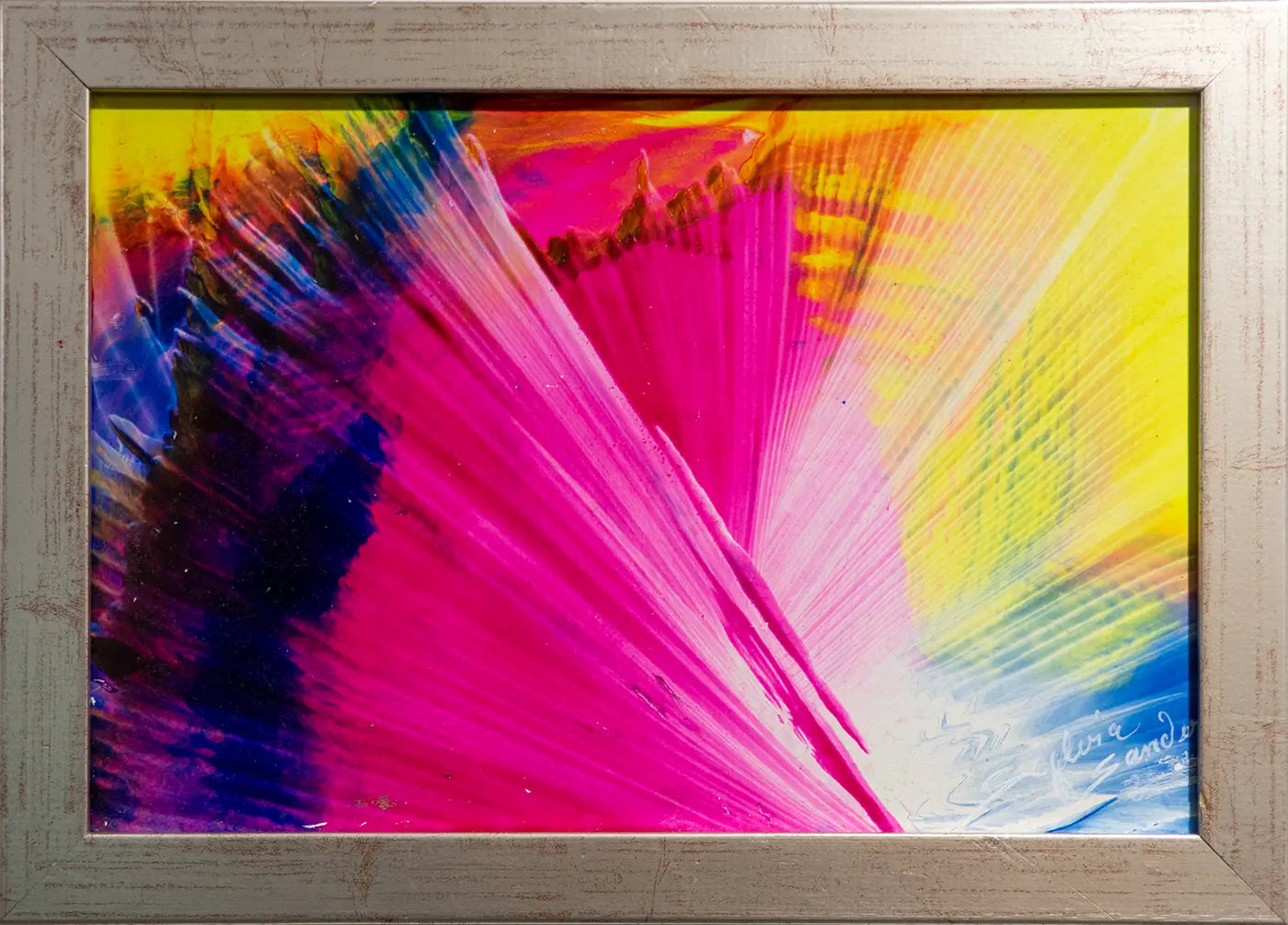 Abstraktes Gemälde von Sylvia Sanders, 30 x 40 cm, gerahmt, gelbe-rote-violette Strukturen, Kunst-Direkt.de