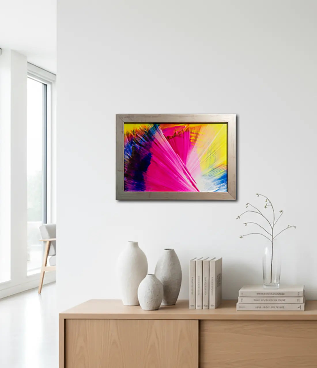 Abstraktes Gemälde von Sylvia Sanders, 30 x 40 cm, gerahmt, an wand hängend, gelbe-rote-violette Strukturen, Kunst-Direkt.de