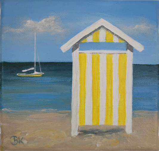 Strandhäuschen, Britta Kröger, Acrylgemälde, 15x15m, Strand, boot, Umkleidenäuschen mit gelben und weißen streifen, Kunst-Direkt.de