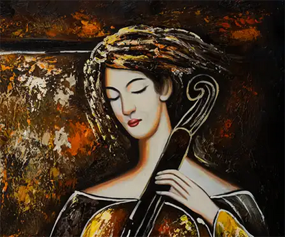 Portrait einer Dame mit Cello, in warmen brauntönen gehalten, abstrakter Hintergrund, weiße Umrisslinien, Gesicht der Dame mit Teil des Cellos