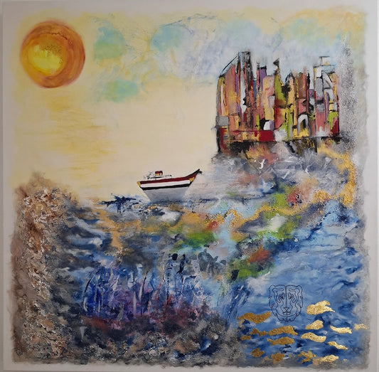 Original Acrylgemälde Visions Set Sail von Elena Grumann – Maritime High-Fashion-Abstraktion mit Schiff, 24K Blattgold und Stadtarchitektur 80x80 cm, Kunst-Direkt.de / Newart.gallery