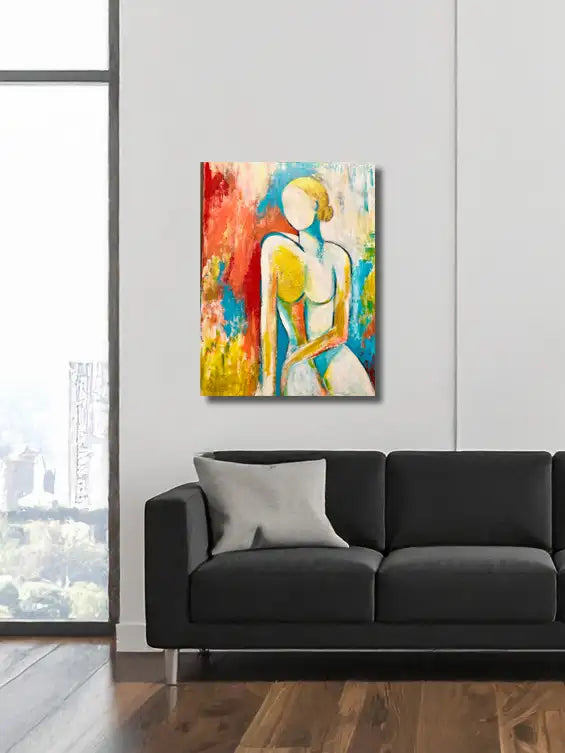 Modernes Acrylgemälde "Woman with a heart of gold" von Künstlerin Dea: Weibliche Silhouette mit goldenen Akzenten auf Brust und Haar, 60x80 cm Unikat. An wand hängend