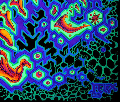fineart Print, Neonfarben blau, grün, orange, ein blauer Schamane sitzt vor einem Baum, details farben, Phantasielandschaft, 160 x 90 cm, Felix Stöver, Kunst-Direkt.de