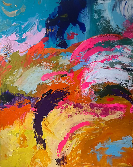 Spirit – Acrylgemälde von Maren Lüke-Amato, 100x80 cm, abstrakter Expressionismus, Farbpolarität in Sonnengelb-Orange und Azurblau-Smaragd | Kunst-Direkt.de
