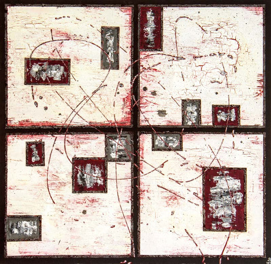 4 quadrate, gemalt, abstrakt, heller Grund mit roten streifen
