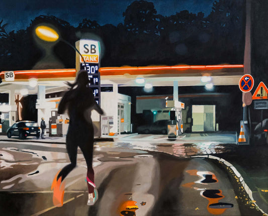 Ölgemälde, Tankstelle in Hamburg bei Nacht, 80 x 100 cm, Ulla Kutter, Kunst-Direkt.de